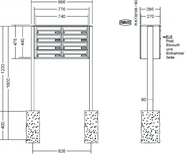 RENZ Briefkastenanlage freistehend, Quadra, Kastenformat 370x110x270mm, 8-teilig, zum Einbetonieren